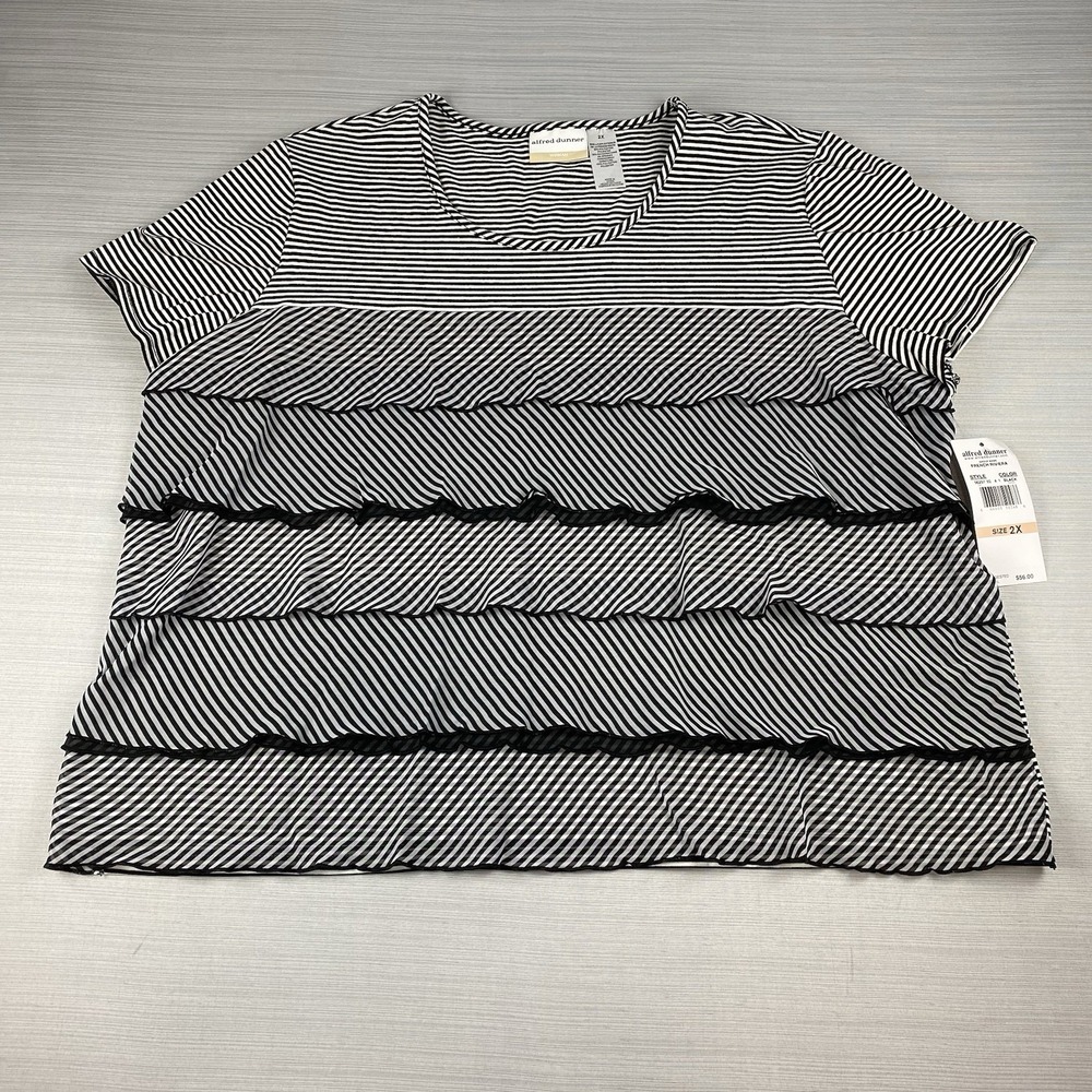 Alfred Dunner 2X Top, Shirt, Blouse Black And White Stripe, Ruffle Short Sleeve
